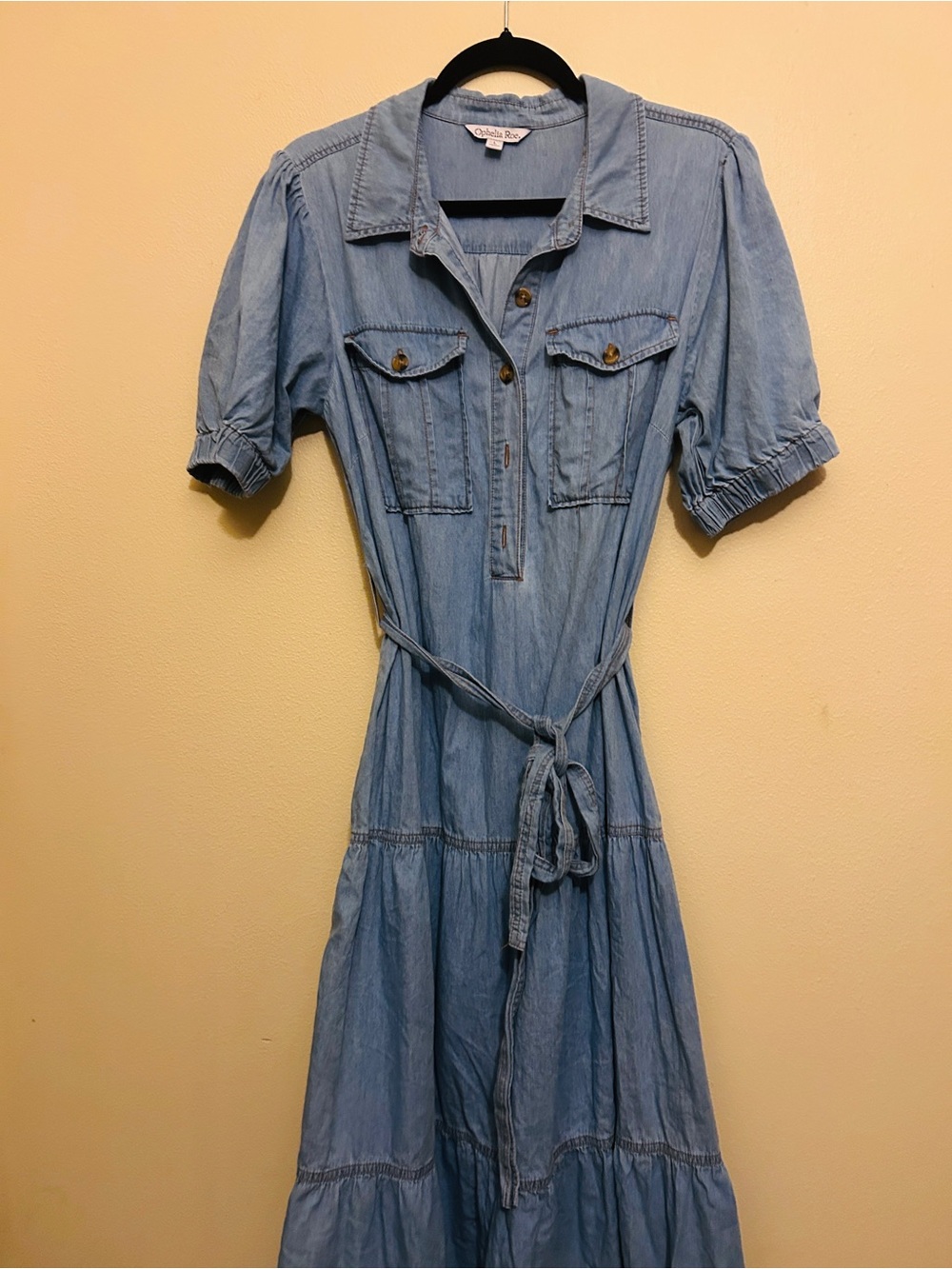 Light Blue Chambray Maxi Shirt Dress with Tie Waist